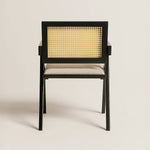 Chiva Rattan & Wood Dining Chair (Ebony) – Rustic Boho Upholstered Chair with Armrests (Outlet) Outlet Products - Marcel Olsen