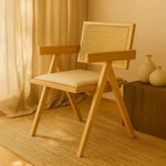 Chiva Rattan & Wood Dining Chair (Natural) – Rustic Boho Upholstered Chair with Armrests - Marcel Olsen