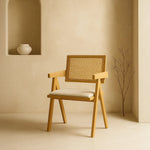 Chiva Rattan & Wood Dining Chair (Natural) – Rustic Boho Upholstered Chair with Armrests - Marcel Olsen