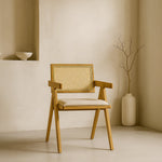 Chiva Rattan & Wood Dining Chair (Natural) – Rustic Boho Upholstered Chair with Armrests - Marcel Olsen