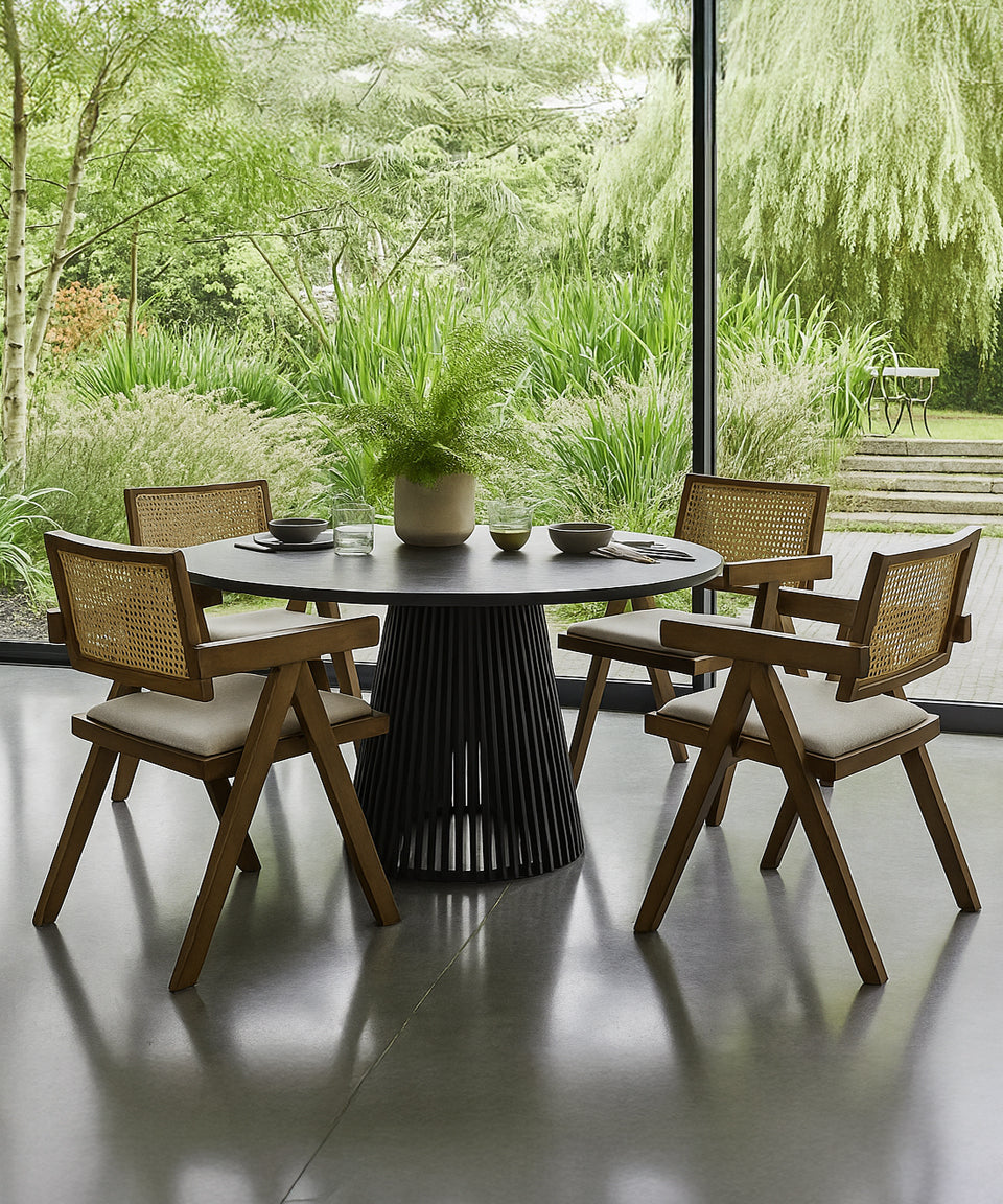 Chiva Rattan & Wood Dining Chair (Chestnut) – Rustic Boho Upholstered Chair with Armrests - Marcel Olsen