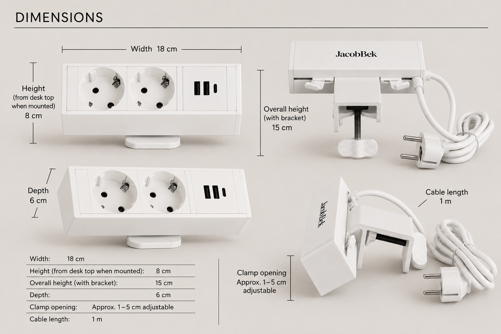 Clamp-On Desk Power Strip with USB-C - White - Outlet Power & Wire Management - Marcel Olsen