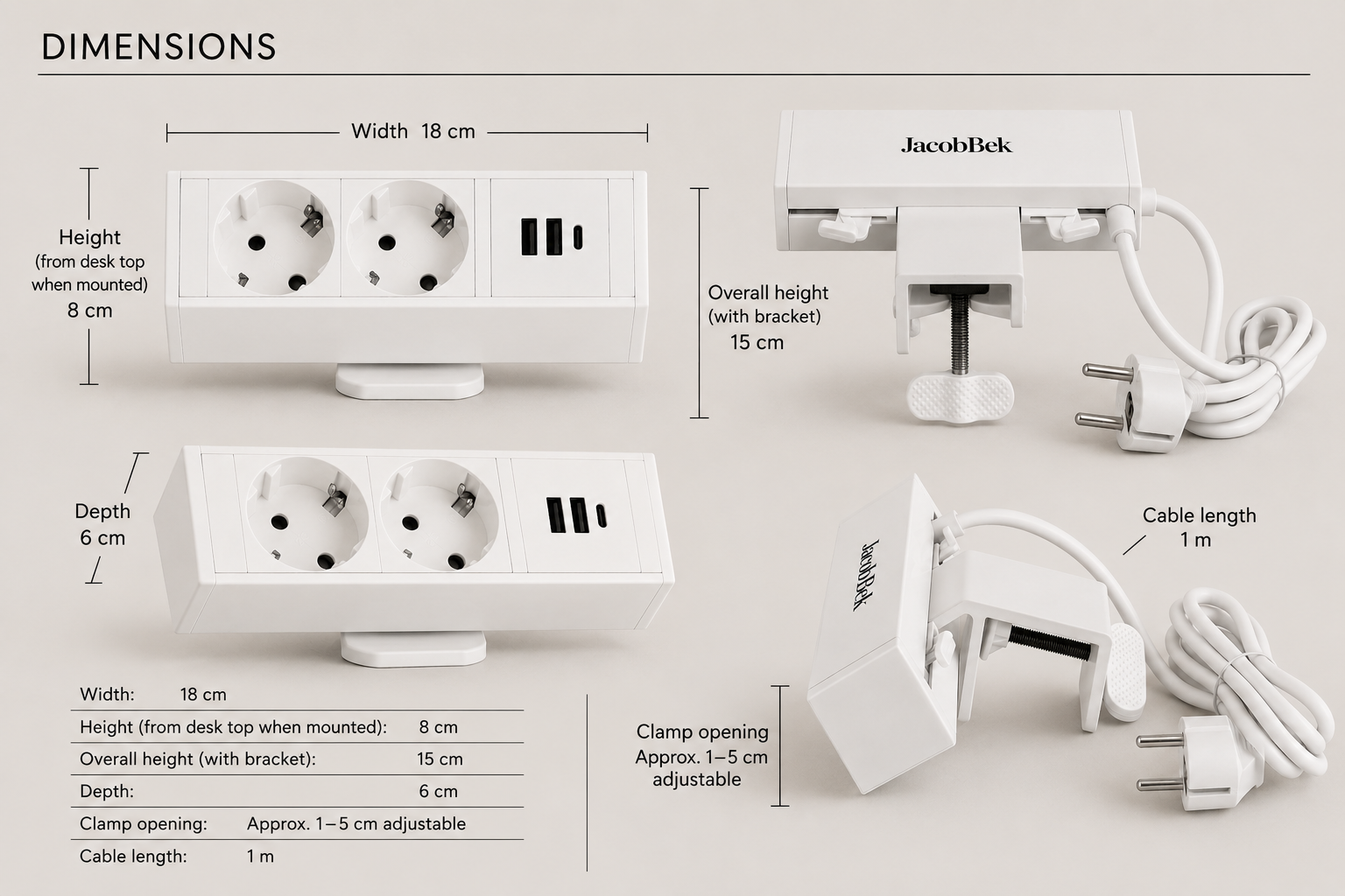 Clamp-On Desk Power Strip with USB-C - White - Outlet Power & Wire Management - Marcel Olsen