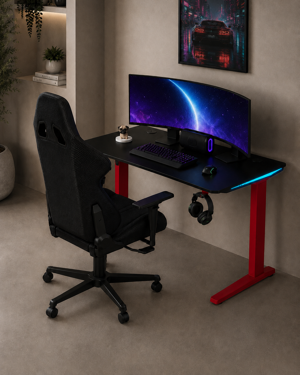 Core 120 Gaming Desk | LEDs, Headphone & Drink Mounts (Carbon Fibre Red, 120cm) - Outlet Gaming Desk - Marcel Olsen
