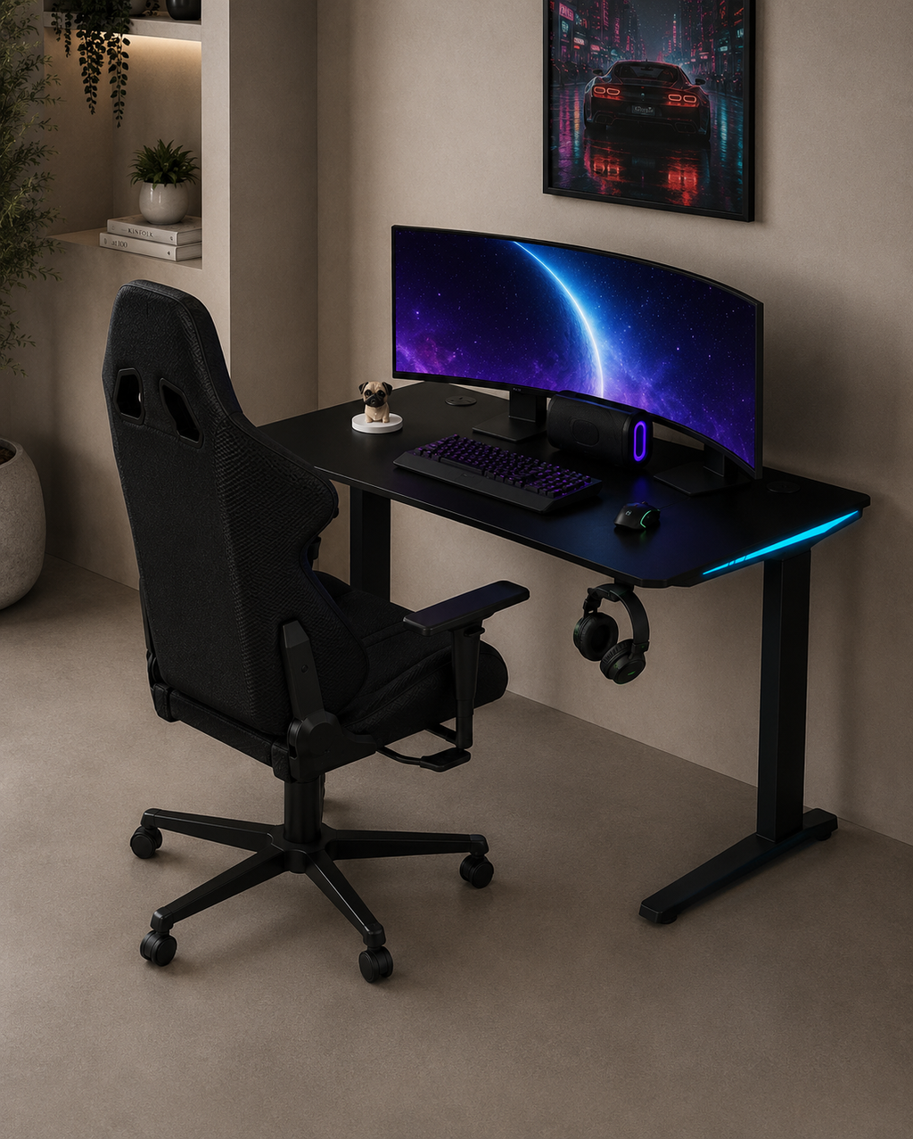 Core 120 Gaming Desk | LEDs, Headphone & Drink Mounts (Carbon Fibre Black, 120cm) - Outlet Gaming Desk - Marcel Olsen