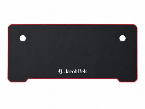 Core 140 desk mat shown alone from above, with shaped front edge, two cable openings and red stitched border
