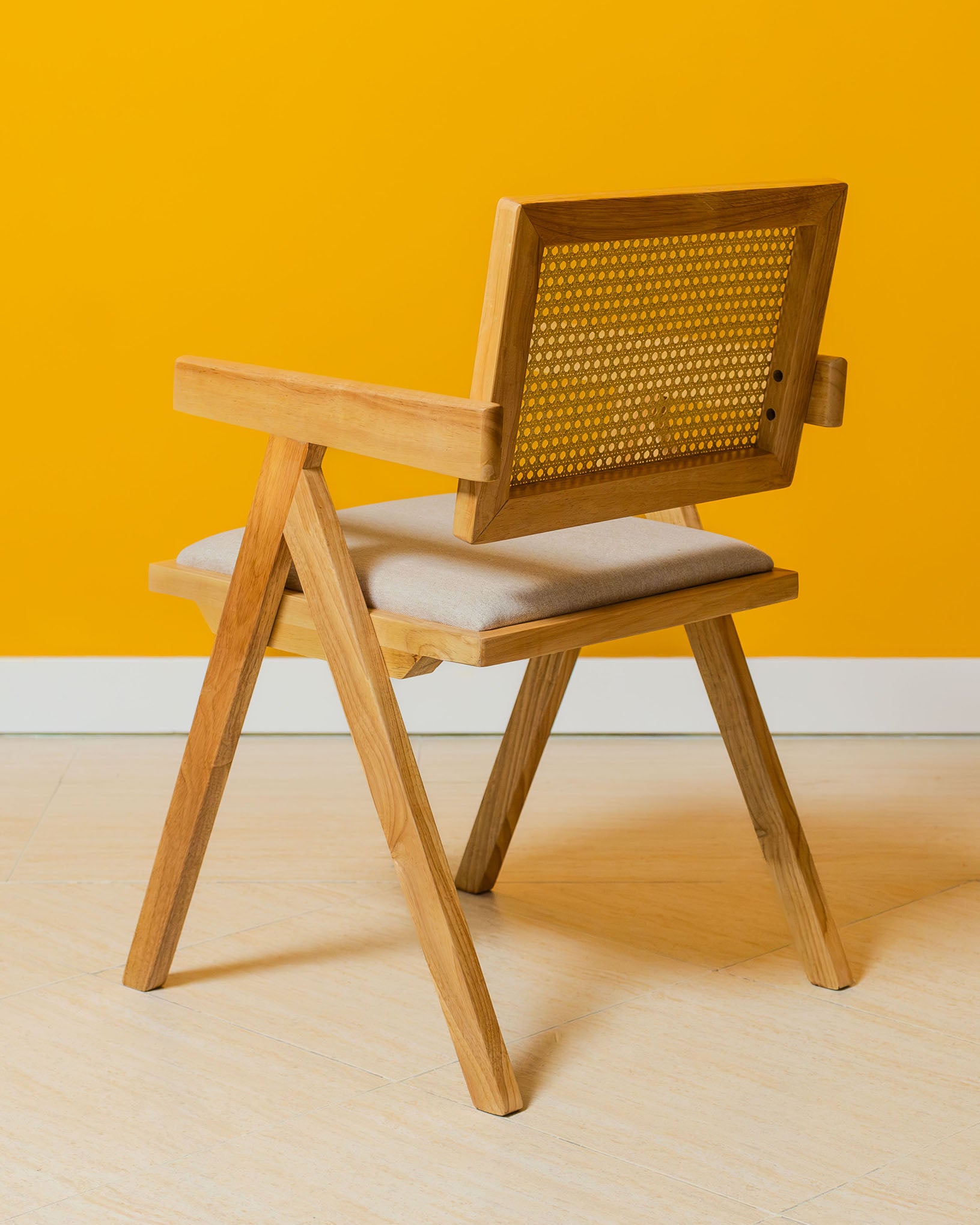 Chiva Rattan & Wood Dining Chair (Natural) – Rustic Boho Upholstered Chair with Armrests - Marcel Olsen
