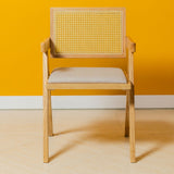 Chiva Rattan & Wood Dining Chair (Natural) – Rustic Boho Upholstered Chair with Armrests - Marcel Olsen