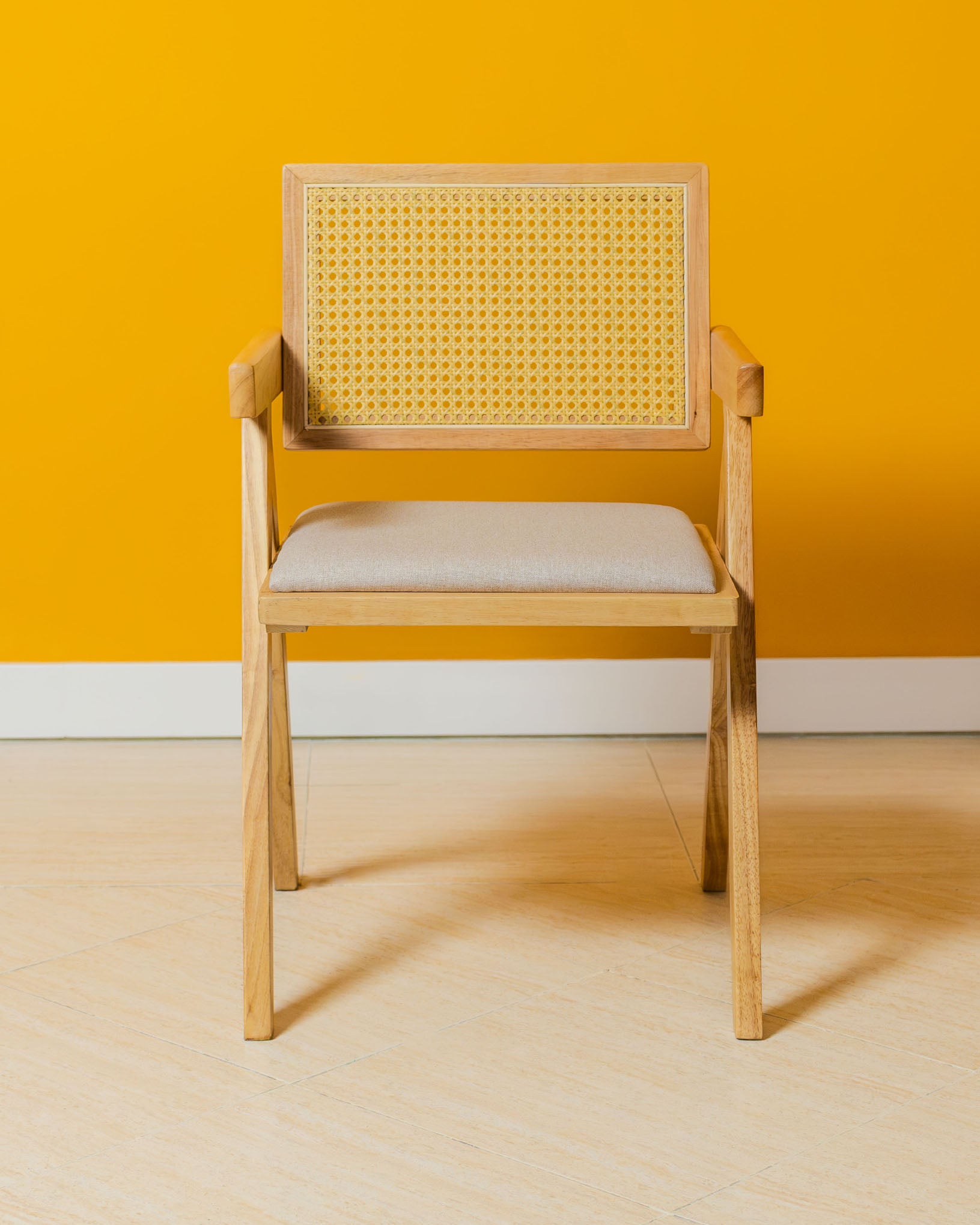 Chiva Rattan & Wood Dining Chair (Natural) – Rustic Boho Upholstered Chair with Armrests - Marcel Olsen