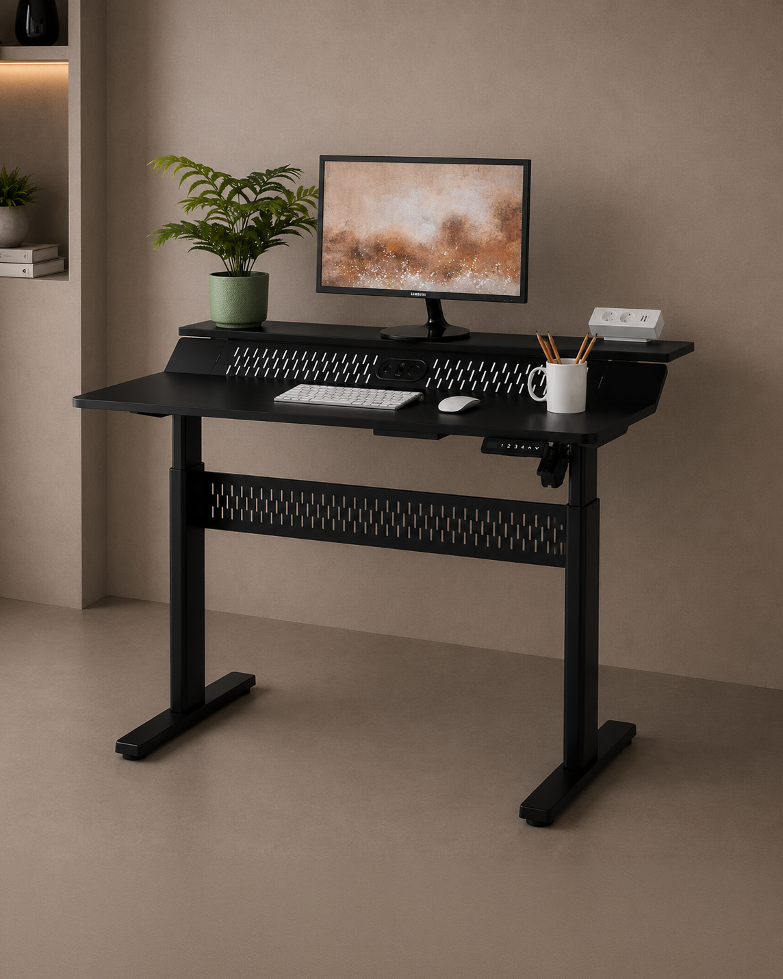Escritorio Elevable Eléctrico (Negro, 120 cm) | Escritorio de Dos Niveles para Trabajar Sentado o de Pie - Outlet