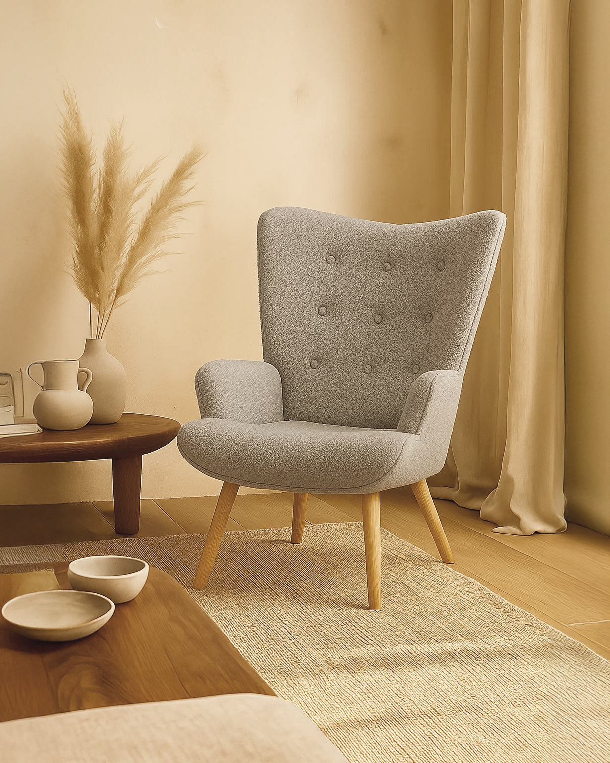 Espla Upholstered Armchair (Grey Bouclé) – Mid-Century Reading & Lounge Chair - Marcel Olsen