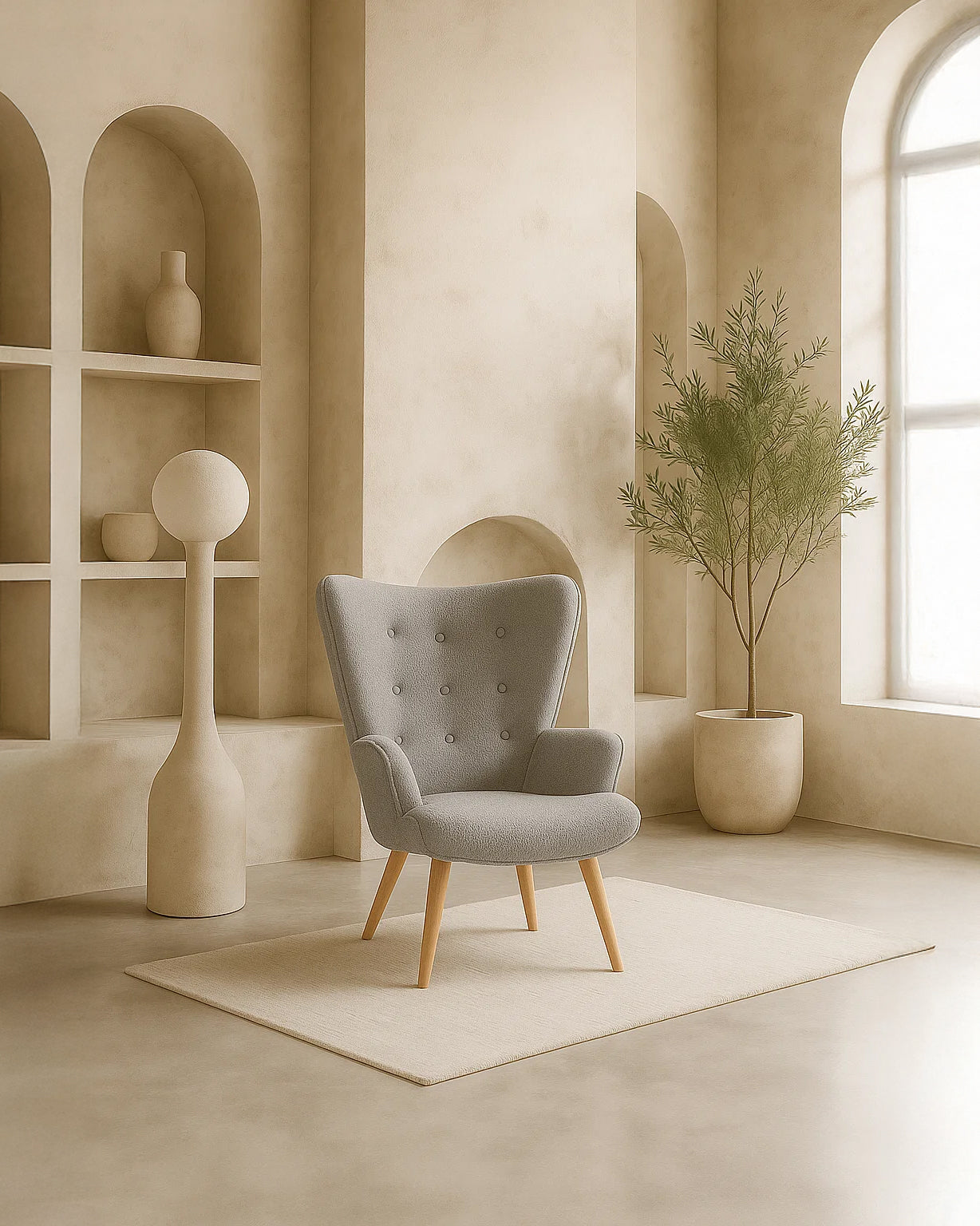 Espla Upholstered Armchair (Grey Bouclé) – Mid-Century Reading & Lounge Chair - Marcel Olsen
