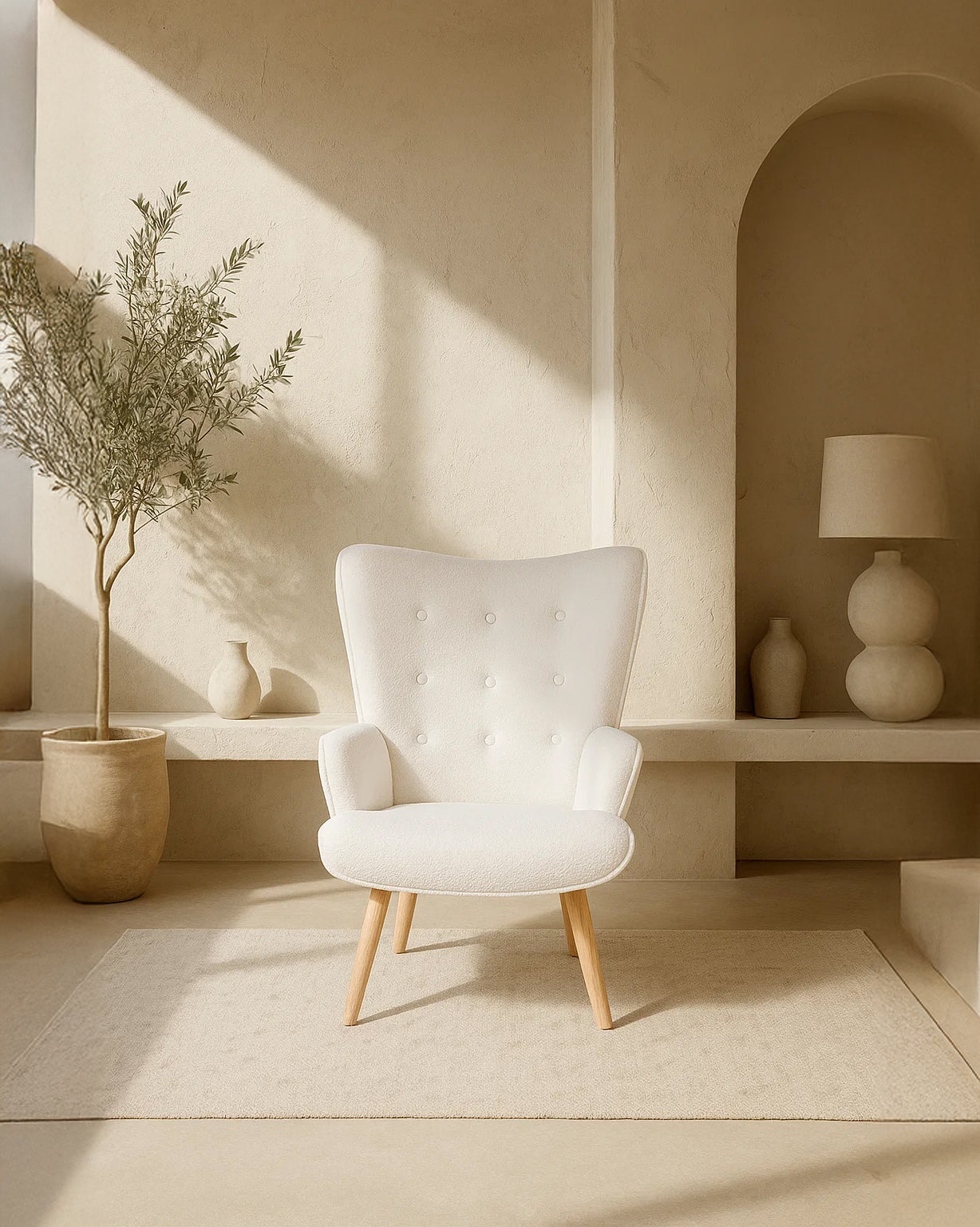 Espla Upholstered Armchair (White Bouclé) – Mid-Century Reading & Lounge Chair - Marcel Olsen
