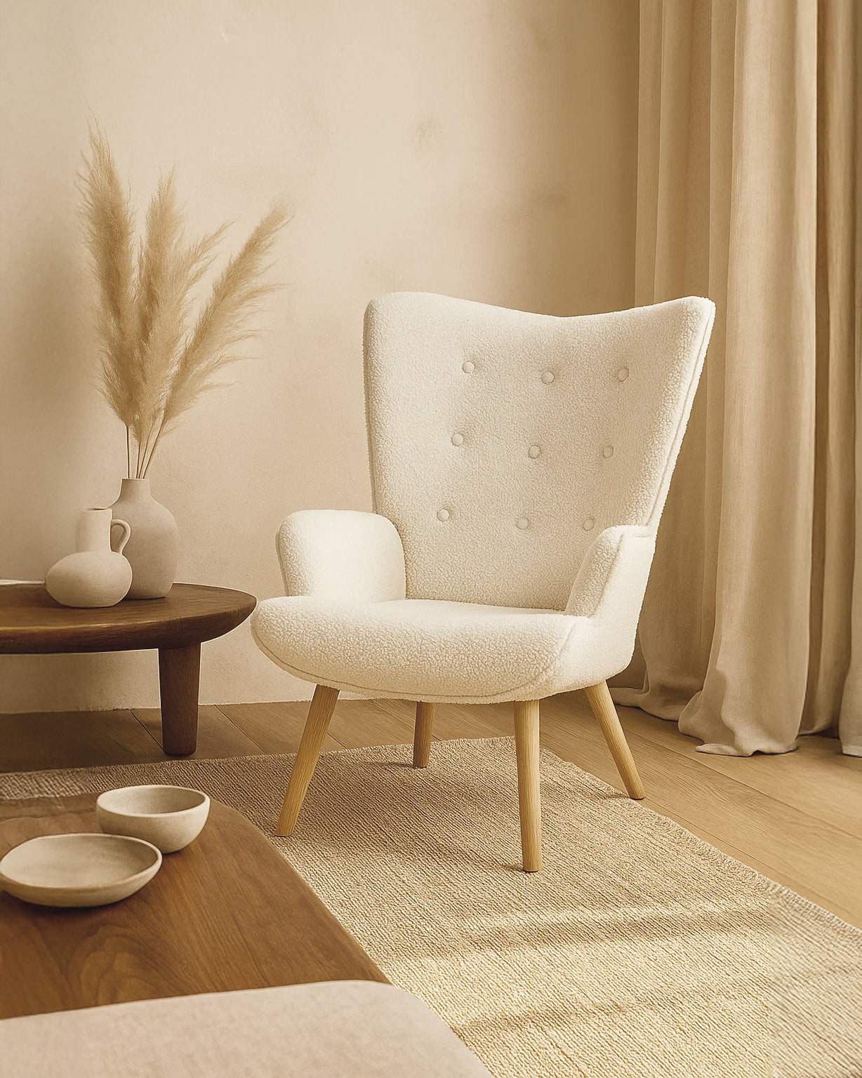 Espla Upholstered Armchair (White Bouclé) – Mid-Century Reading & Lounge Chair - Marcel Olsen