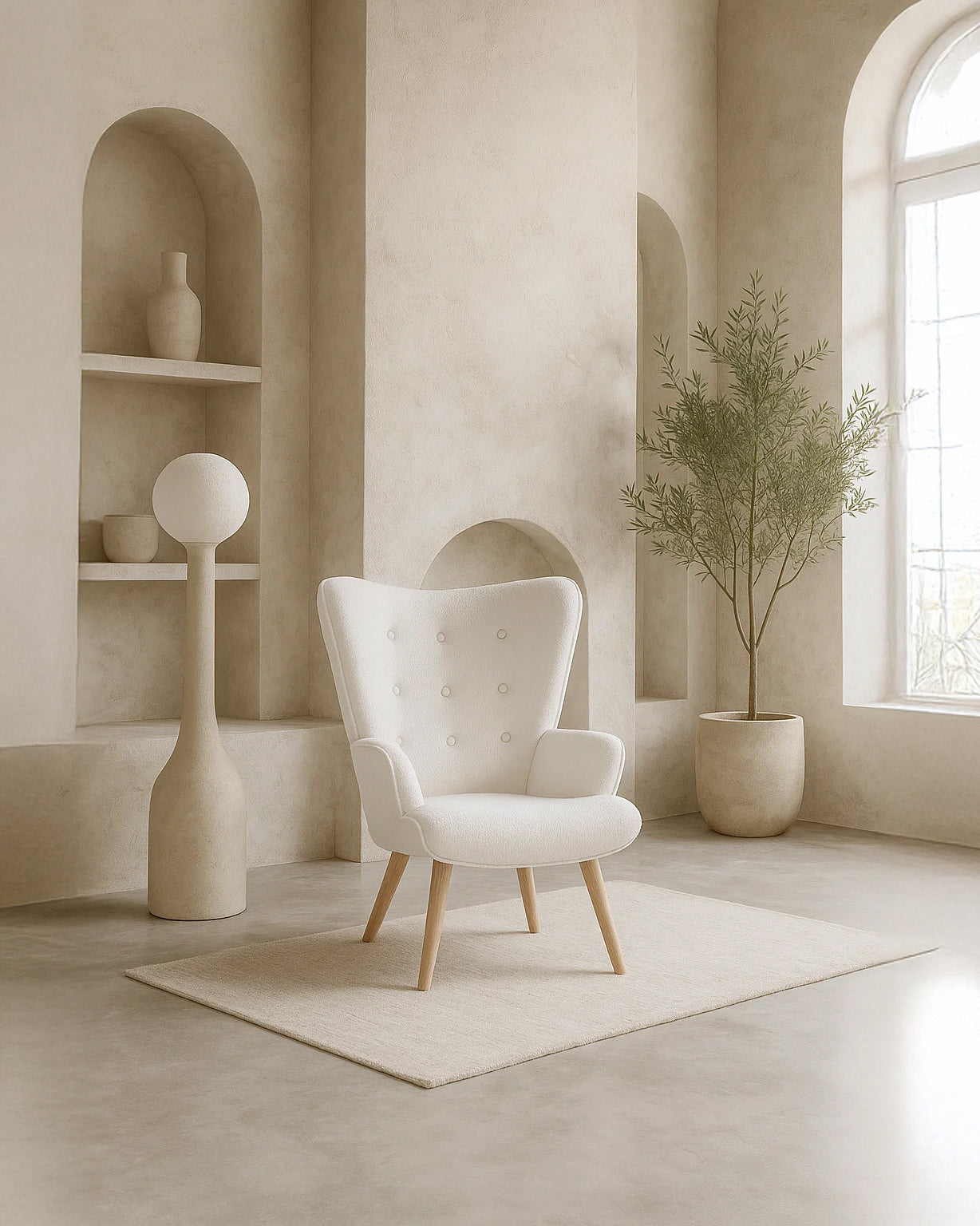 Espla Upholstered Armchair (White Bouclé) – Mid-Century Reading & Lounge Chair - Marcel Olsen