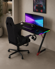 Bureau gaming Essentials 120 | LED, supports casque et boisson (carbone noir, 120 cm) - Outlet