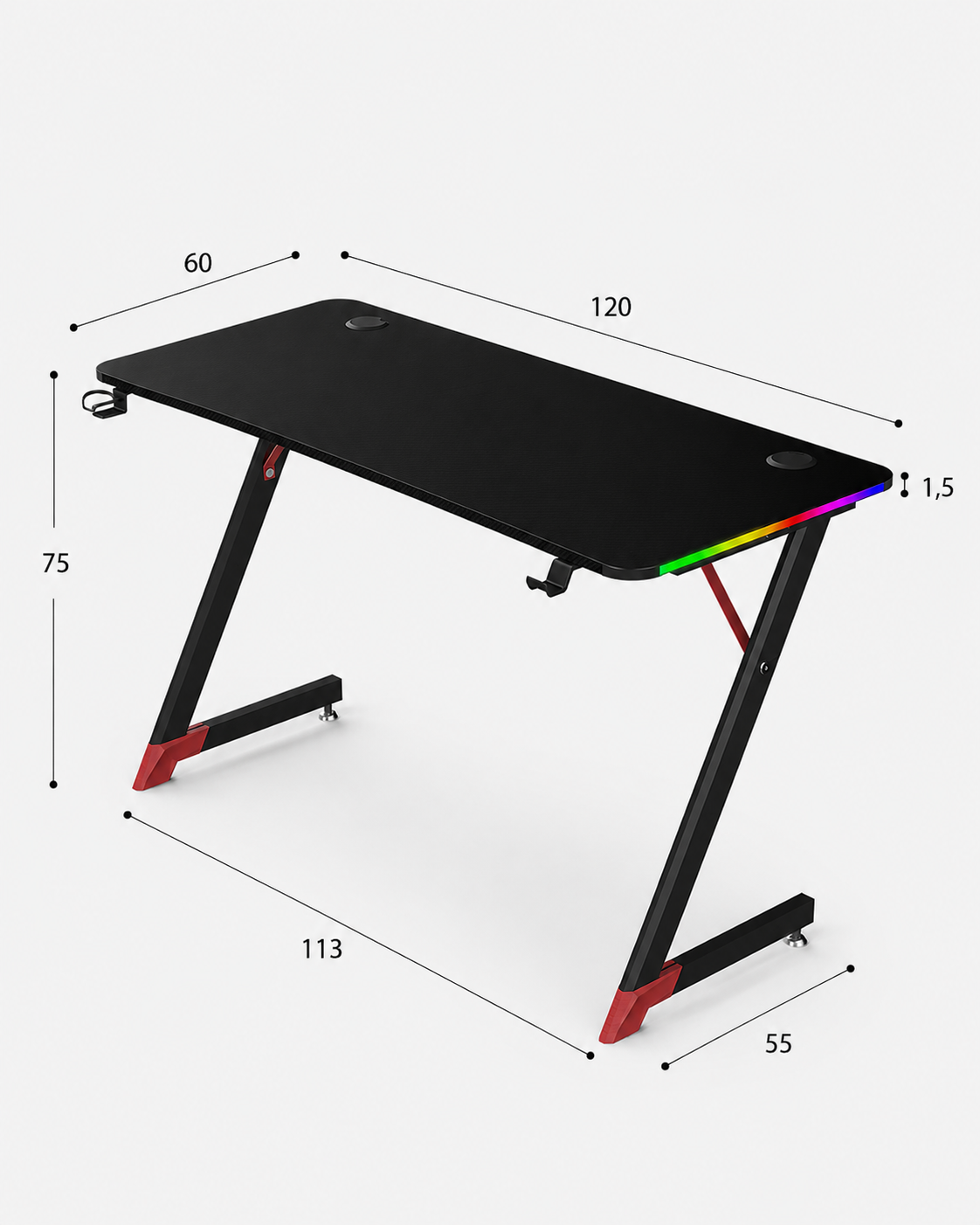 Essentials 120 Gaming Desk | LEDs, Headphone & Drink Mounts (Carbon Fibre Black, 120cm) - Outlet Outlet Products - Marcel Olsen