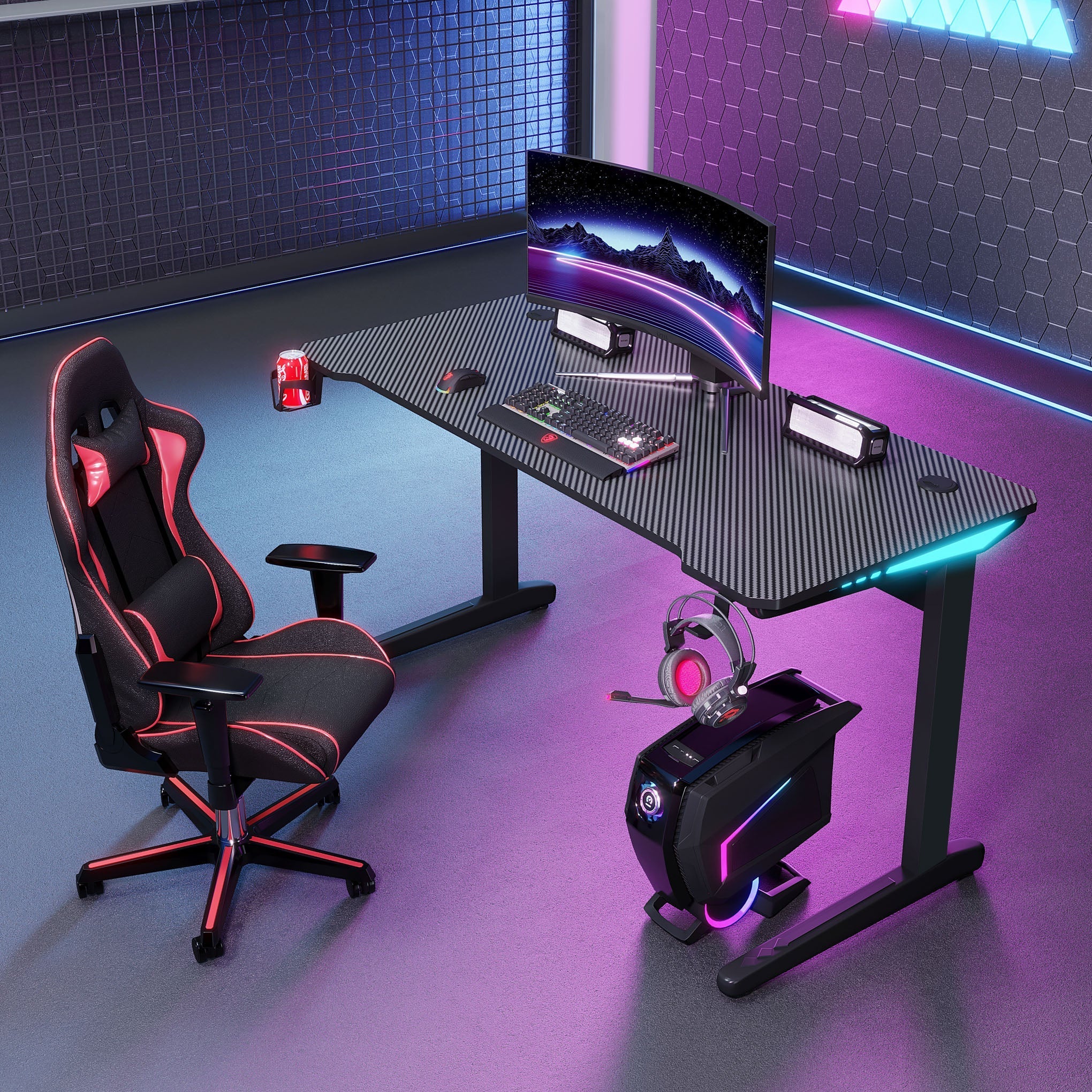 Gaming Desk | LEDs, Headphone & Drink Mounts (Carbon Fibre Red, 140cm) Gaming Desk - Jacob Bek Gaming