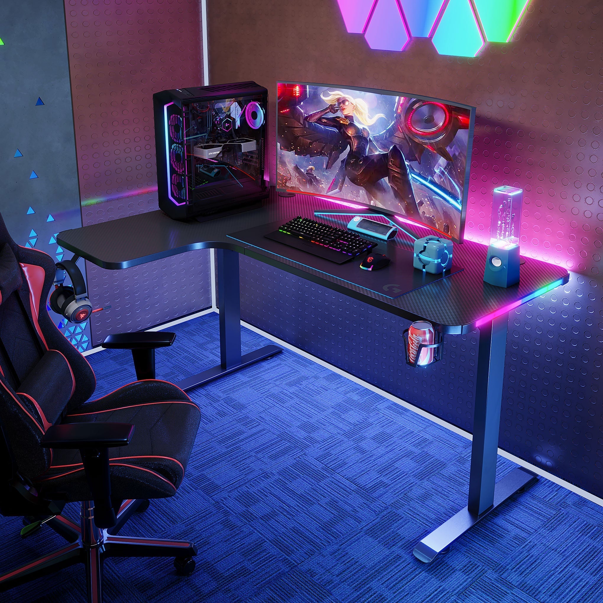 Pro Gaming Corner Desk 140 | LEDs, Headphone & Drink Mounts (Carbon Fibre Black, 140cm) Gaming Desk - Jacob Bek Gaming