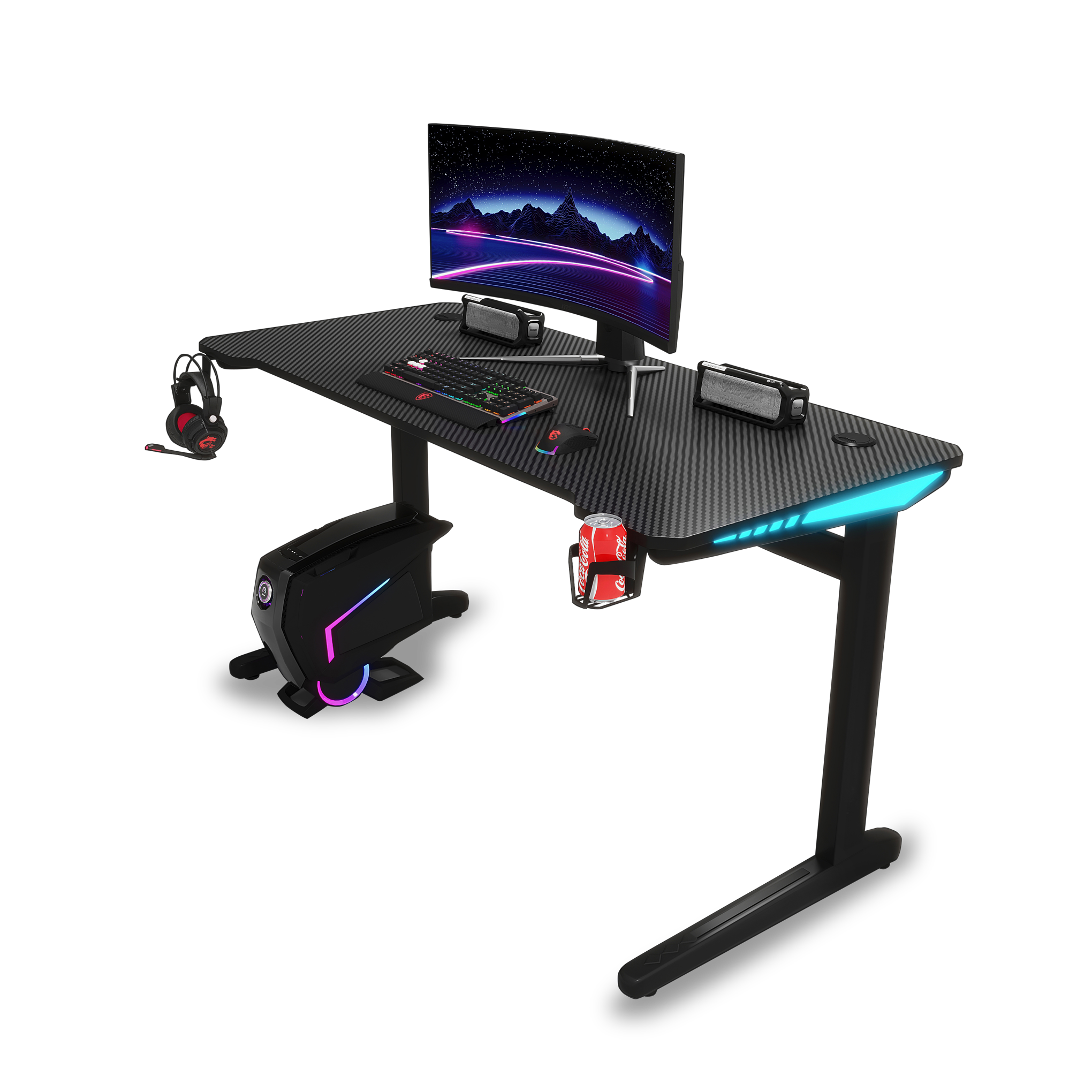 Core 140 Gaming Desk | LEDs, Headphone & Drink Mounts (Carbon Fibre Black, 140cm) Gaming Desk - Jacob Bek Gaming