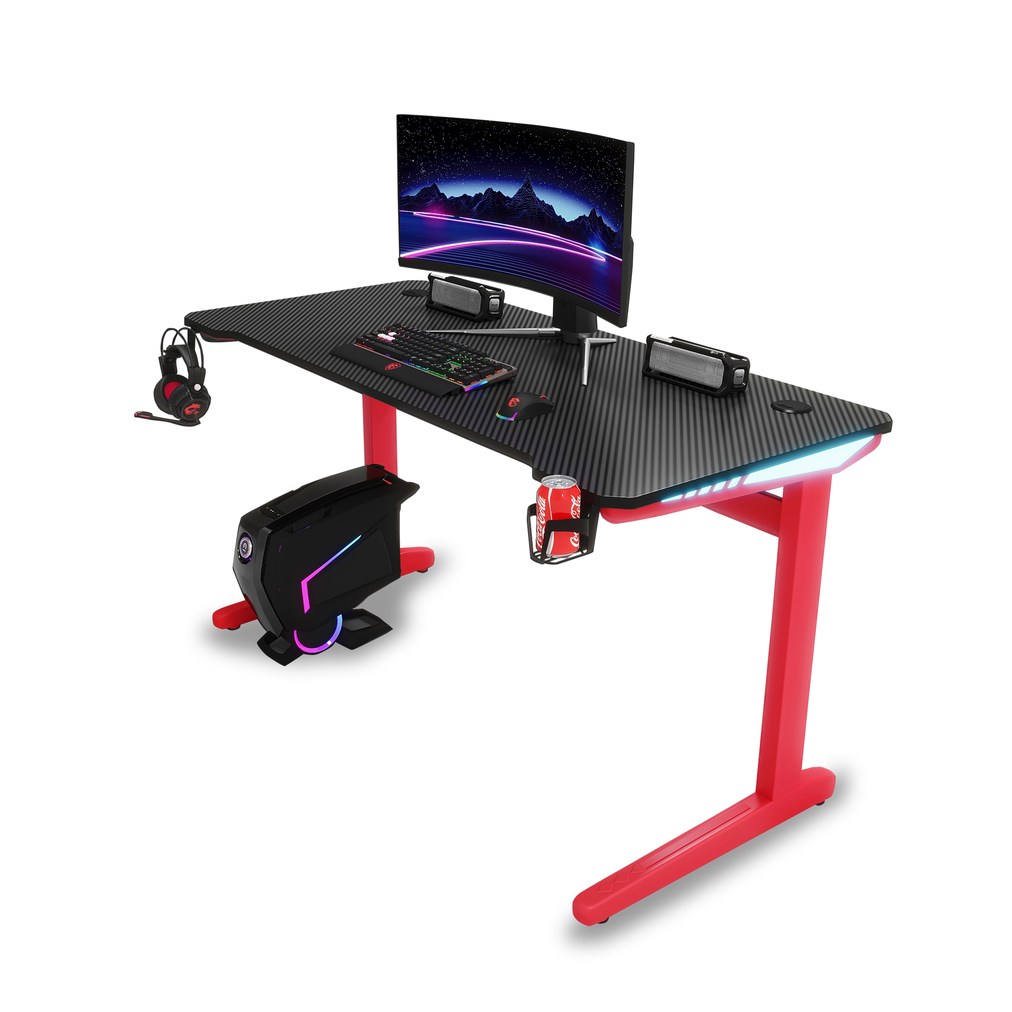Gaming Desk | LEDs, Headphone & Drink Mounts (Carbon Fibre Red, 140cm) Gaming Desk    - Jacob Bek Gaming