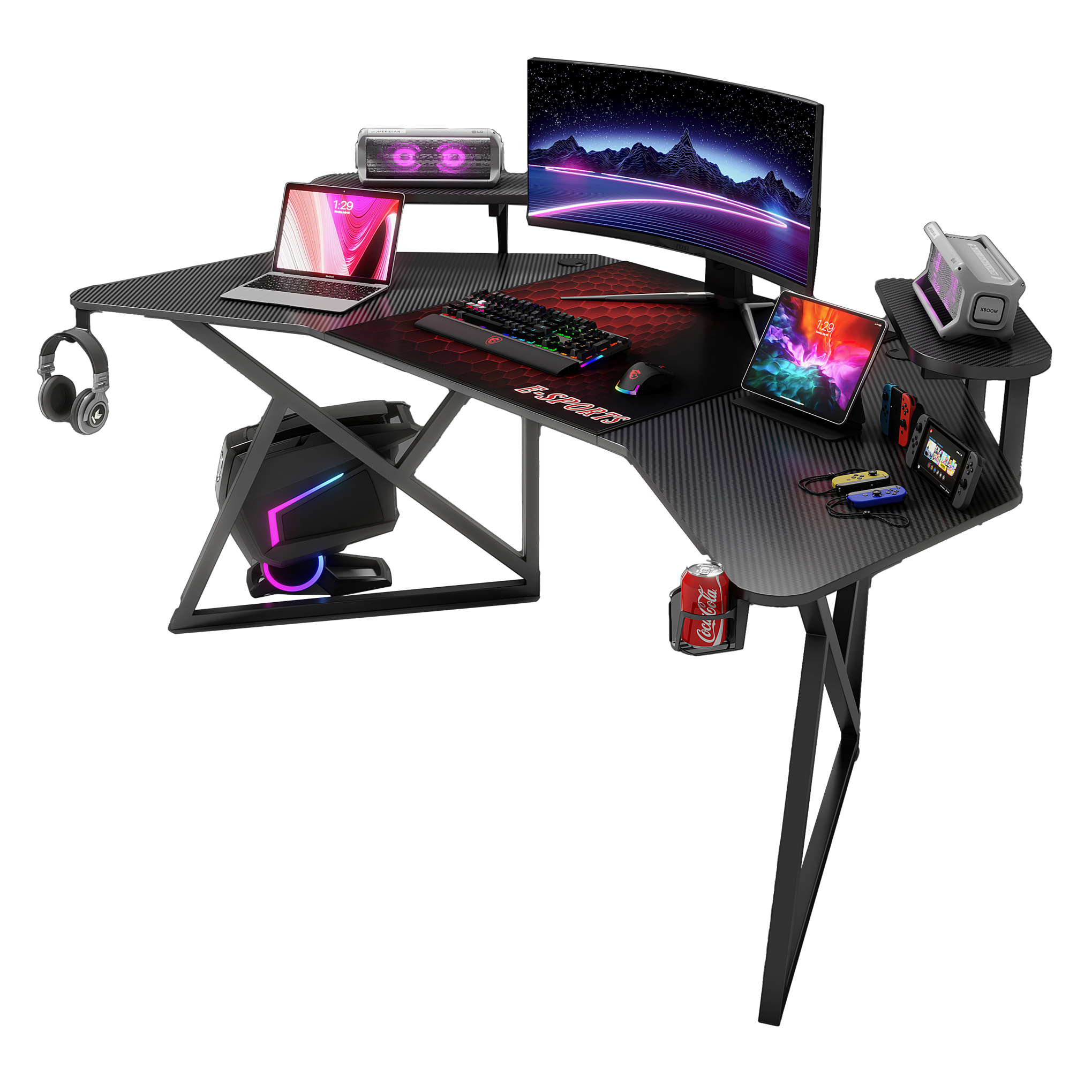 Pro Gaming Corner Desk 180 | Headphone & Drink Mounts (Carbon Fibre Black, 180cm) Gaming Desk - Jacob Bek Gaming