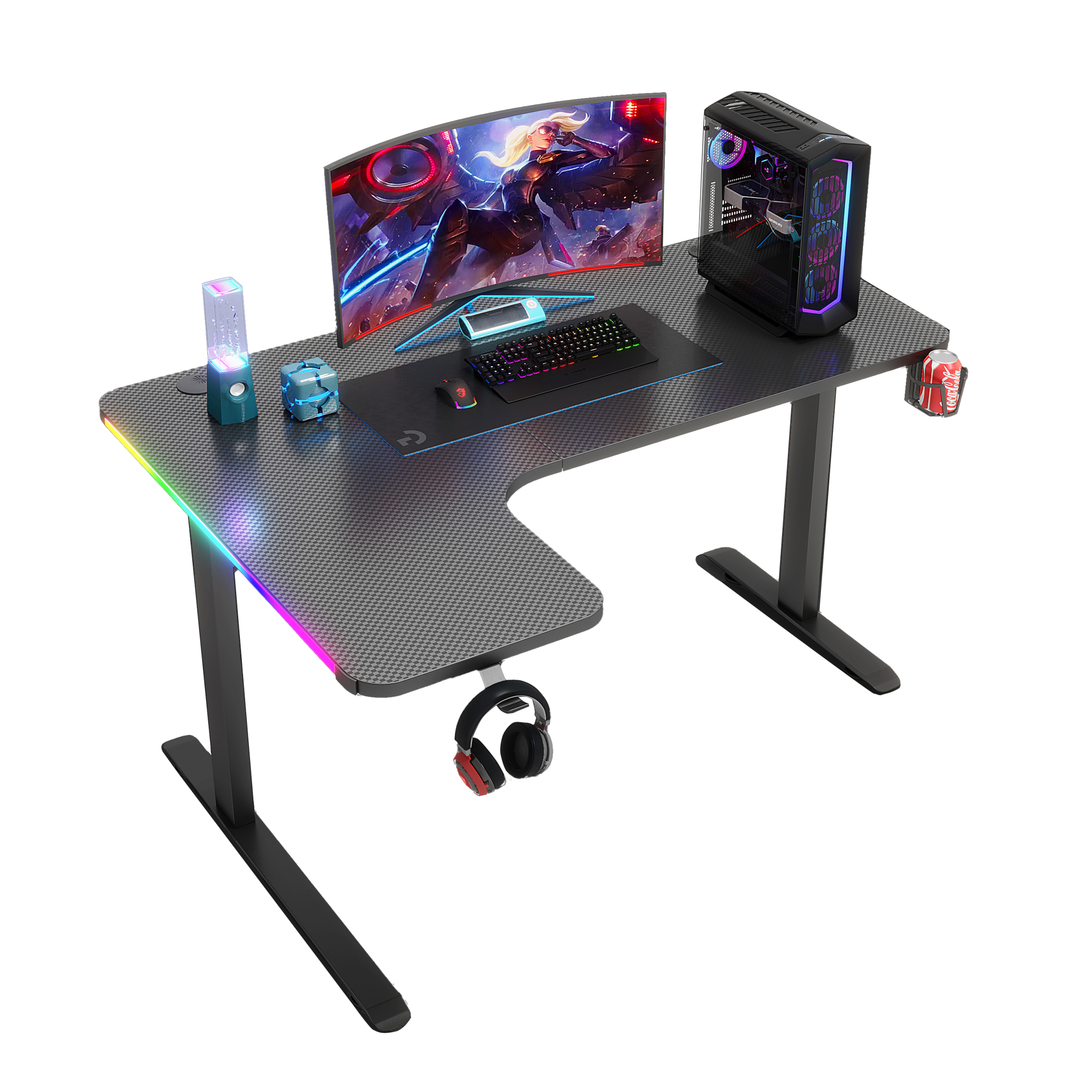 Pro Gaming Corner Desk 140 | LEDs, Headphone & Drink Mounts (Carbon Fibre Black, 140cm) Gaming Desk - Jacob Bek Gaming