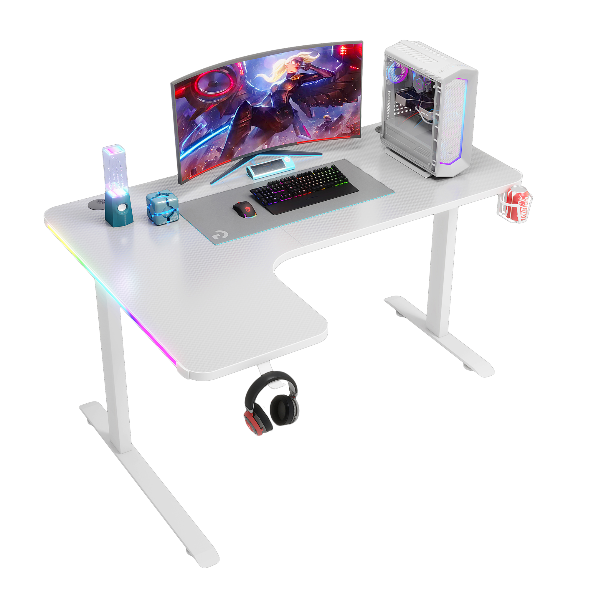 Pro Gaming Corner Desk 140 | LEDs, Headphone & Drink Mounts (Carbon Fibre White, 140cm) Gaming Desk - Jacob Bek Gaming