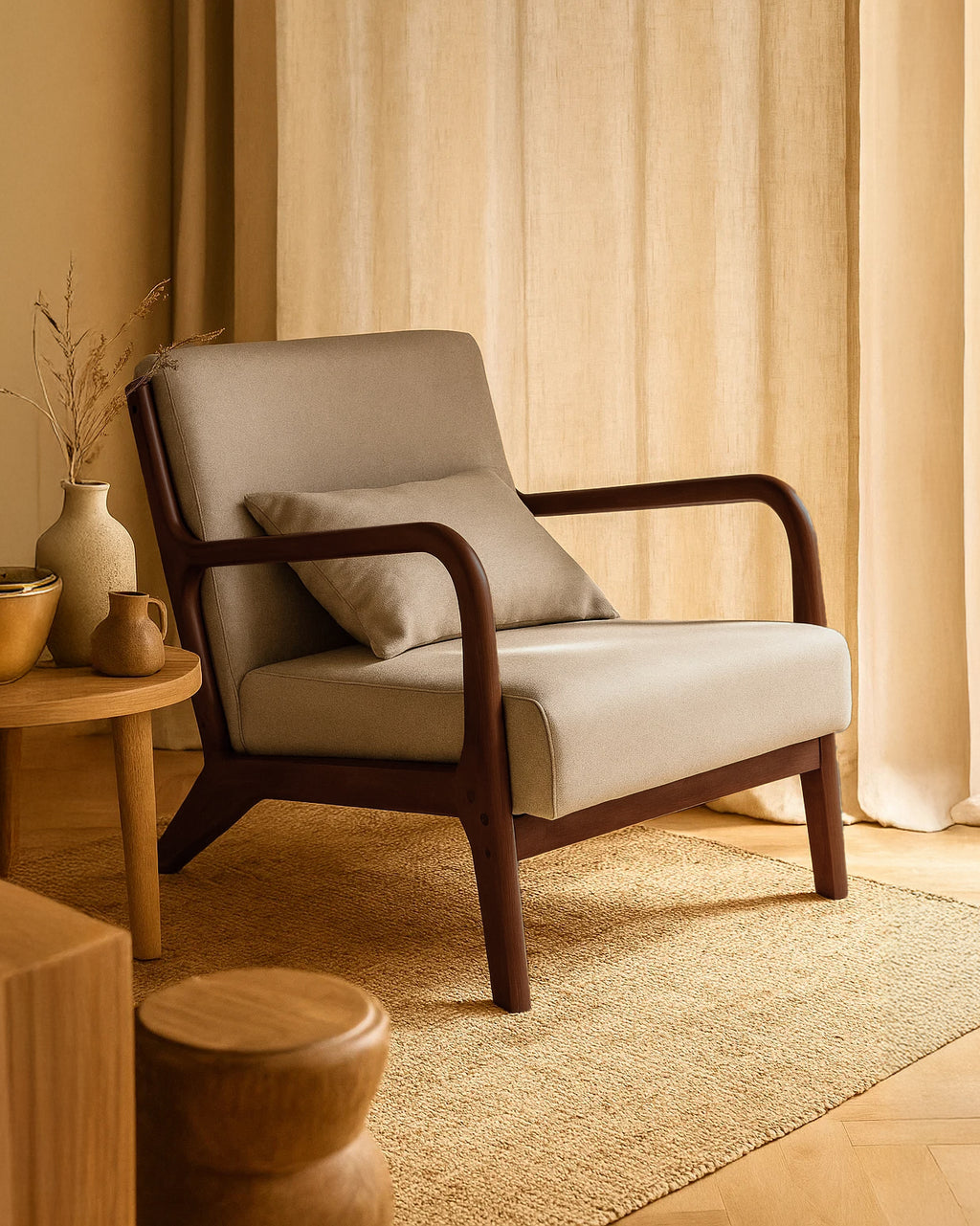 Lubian Mid-century Upholstered Armchair (Warm Stone Fabric) – Imperfect (Minor Cosmetic Marks) - Marcel Olsen