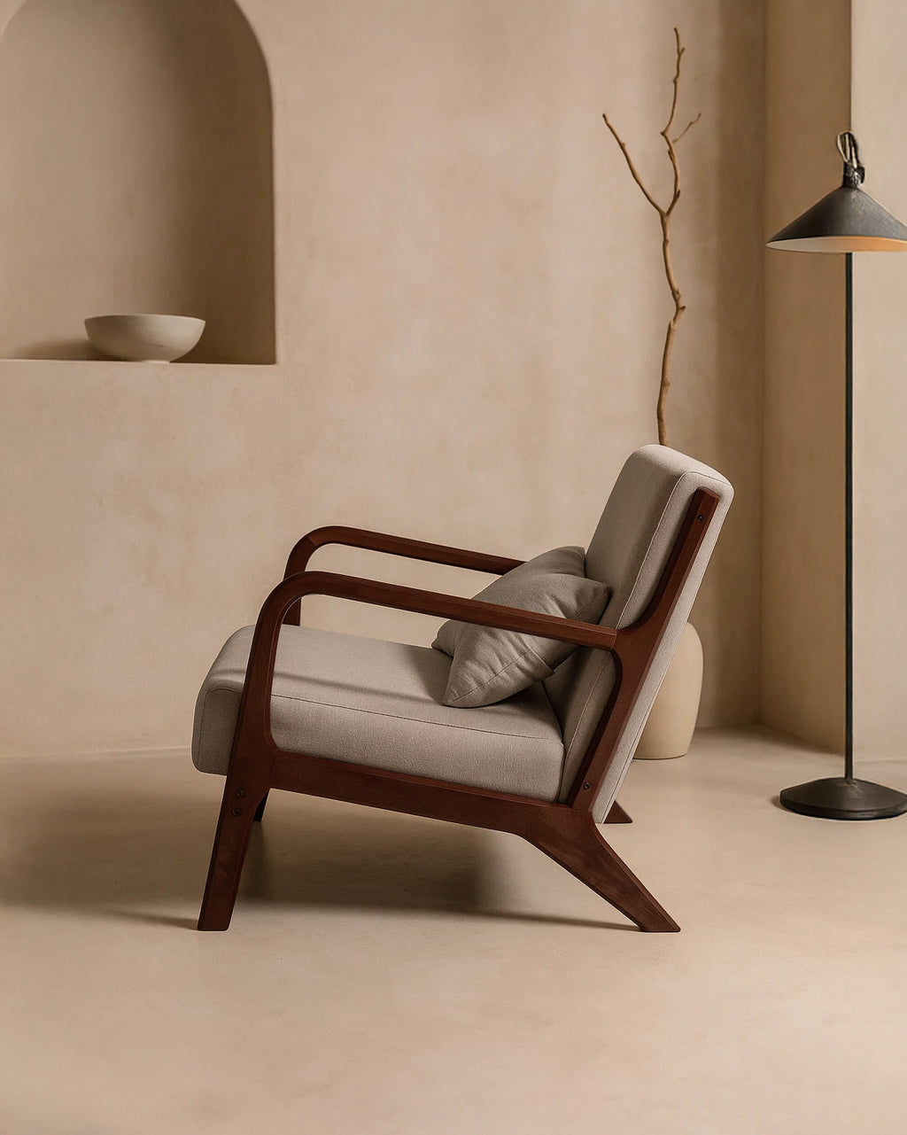 Lubian Mid-century Upholstered Armchair (Warm Stone Fabric) – Imperfect (Minor Cosmetic Marks) - Marcel Olsen