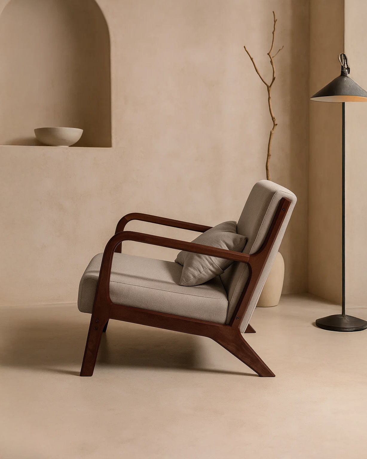 Lubian Mid-century Upholstered Armchair (Warm Stone Fabric) – Imperfect (Minor Cosmetic Marks) - Marcel Olsen