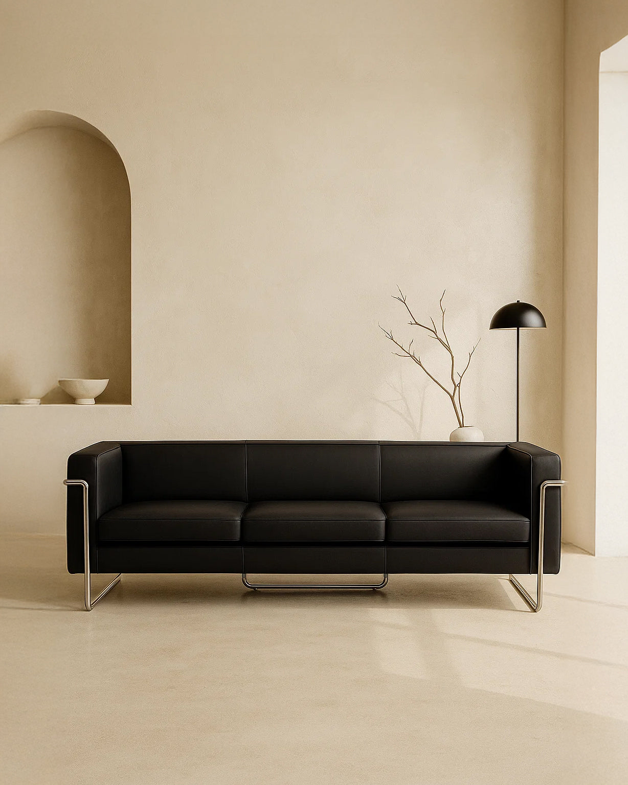 MO-77 Bauhaus Upholstered Sofa (Ebony Black Leather) – Modern Designer 3 Seater Sofa Outlet Products - Marcel Olsen