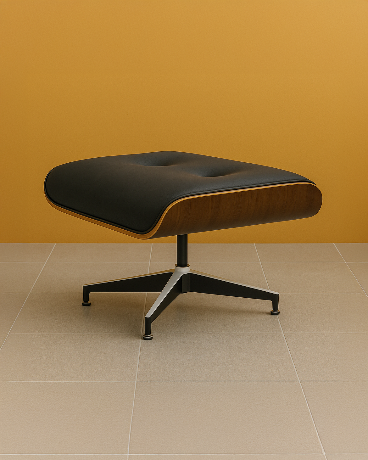 Mid-century Upholstered Ottoman (Ebony Black Leather) – Iconic Modern Lounge Stool - Marcel Olsen