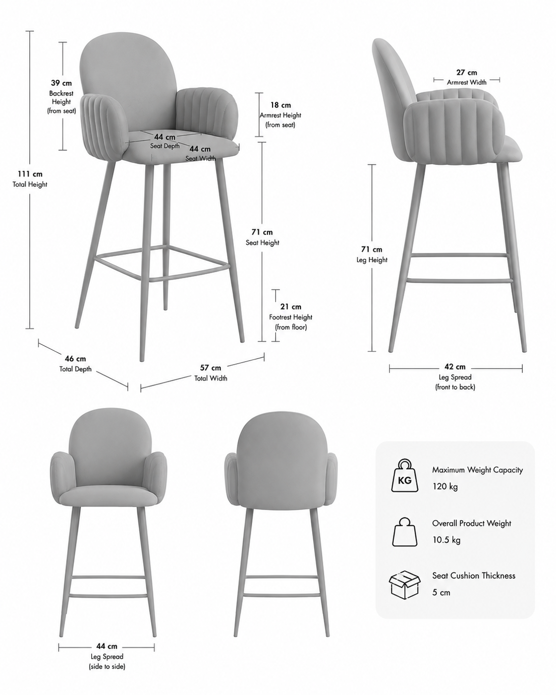 Nubbi Upholstered Bar Stool – Set of 2 (Soft White, Seat Height 71cm) – Outlet - Marcel Olsen