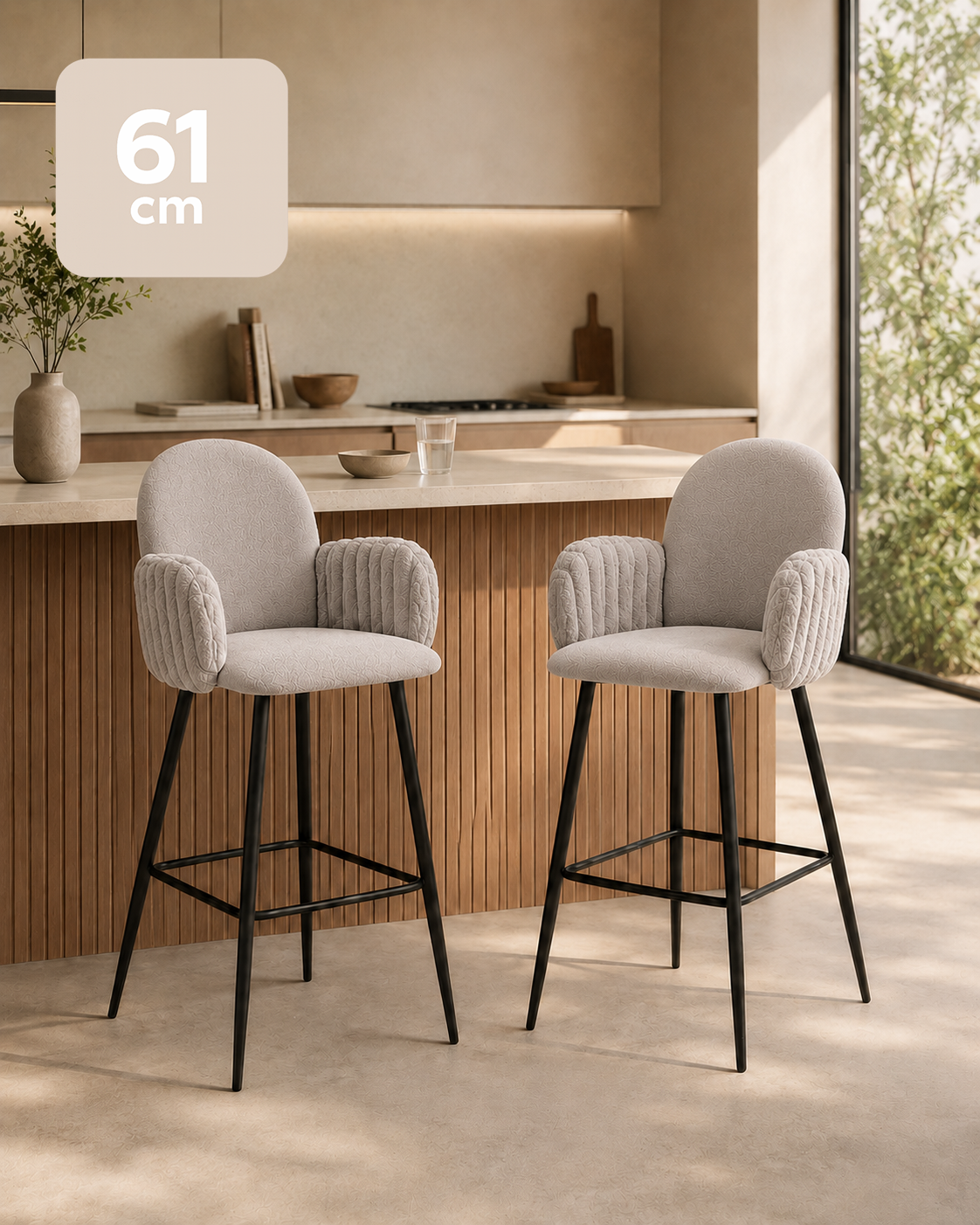 Nubbi Upholstered Bar Stool – Set of 2 (Soft Cloud, Seat Height 61cm) – Outlet - Marcel Olsen