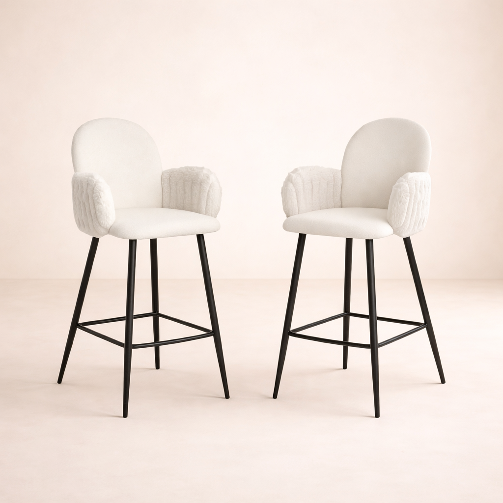 Nubbi Upholstered Bar Stool – Set of 2 (Soft White, 61cm – Low) – Outlet - Marcel Olsen