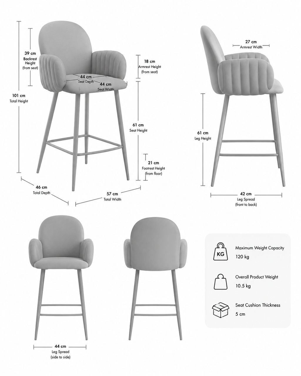 Nubbi Upholstered Bar Stools – Set of 4 (Soft Cloud, Seat Height 61cm) – Outlet Outlet Products - Marcel Olsen