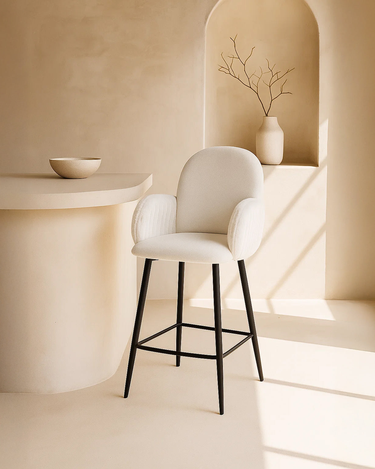 Nubbi Upholstered Bar Stools – Set of 4 (Soft White, 61cm – Low) – Outlet Outlet Products - Marcel Olsen