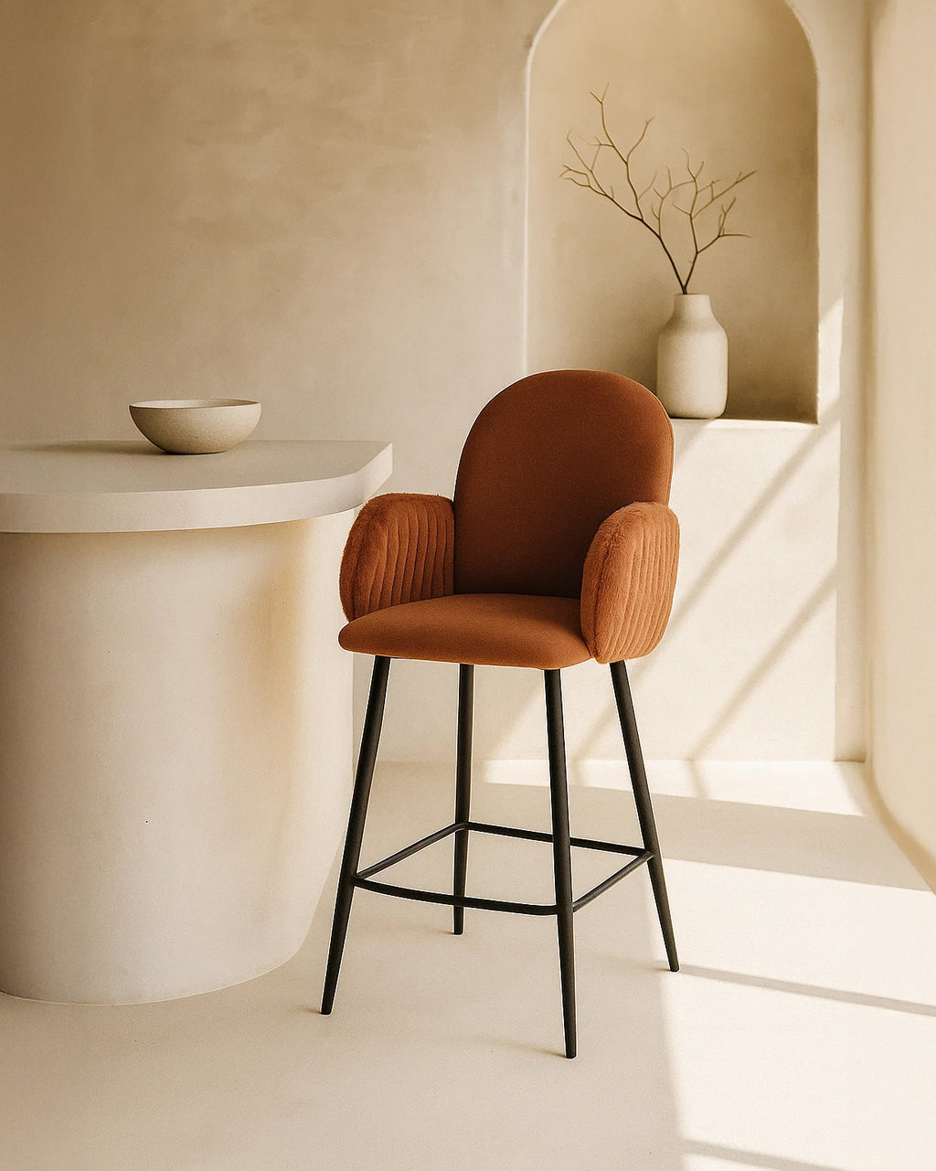 Nubbi Upholstered Bar Stools – Set of 4 (Terracotta Brown, 61cm – Low) – Outlet Outlet Products - Marcel Olsen