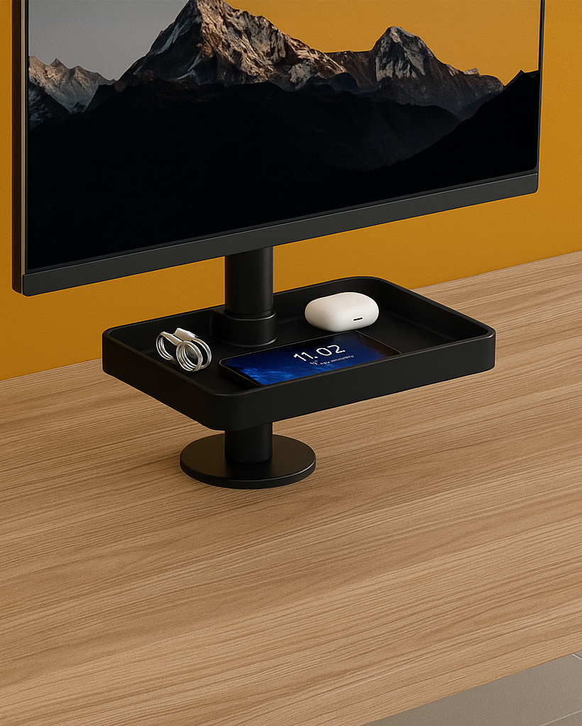 Pole-Mounted Storage Shelf for Monitor Arms – Accessories Platform - Outlet Power & Wire Management - Marcel Olsen