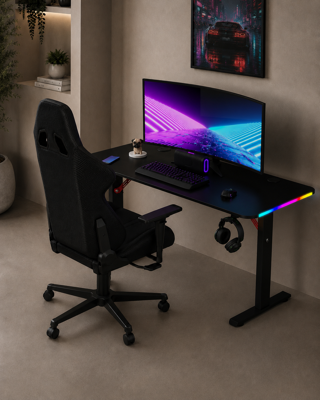 Bureau gaming d’angle Pro 140 | LED, supports casque et boisson (carbone noir, 140 cm) - Outlet