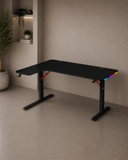 Bureau gaming d’angle Pro 140 | LED, supports casque et boisson (carbone noir, 140 cm) - Outlet