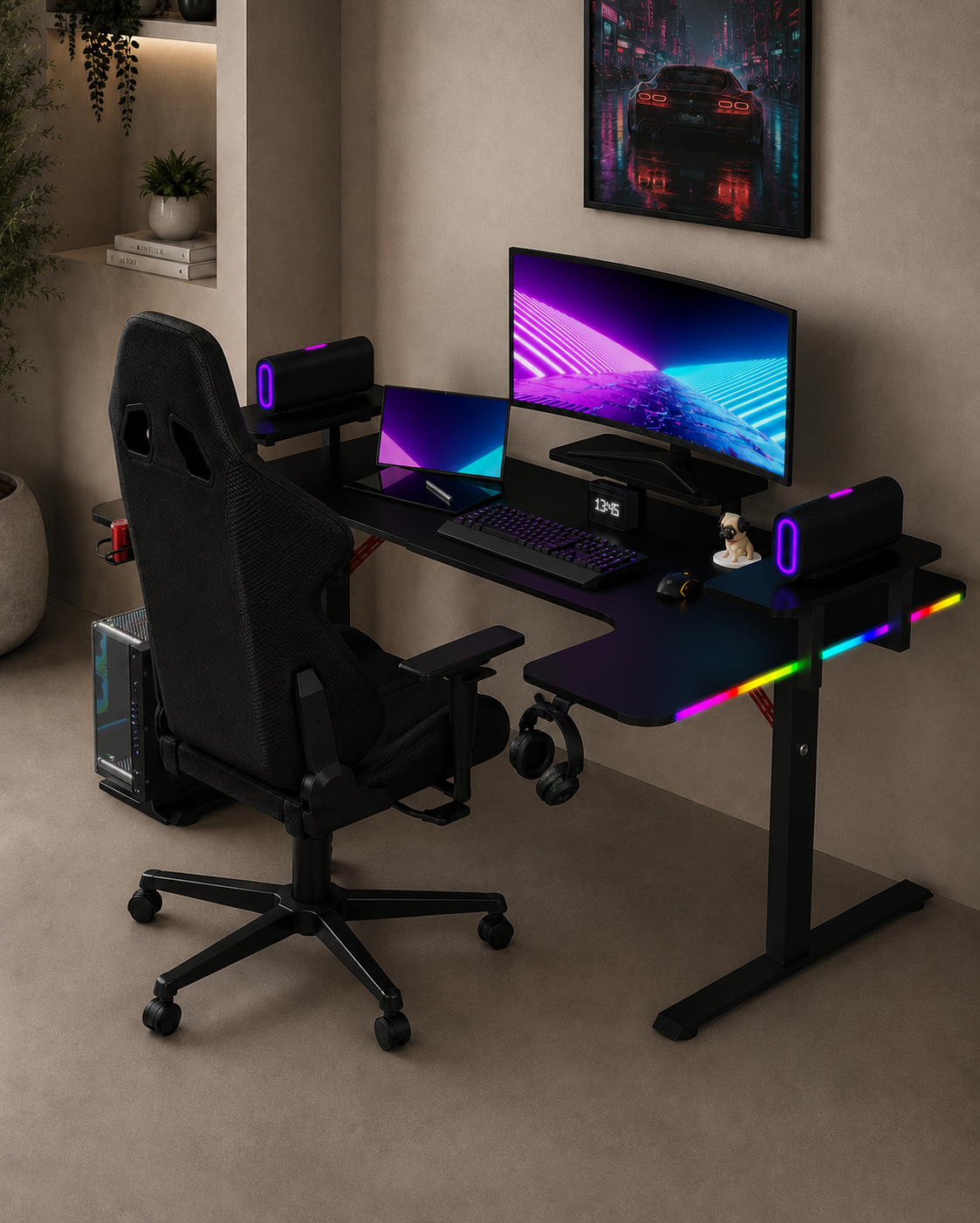 Bureau gaming Pro 160 | LED, supports casque et boisson (carbone noir, 160 cm) - Outlet