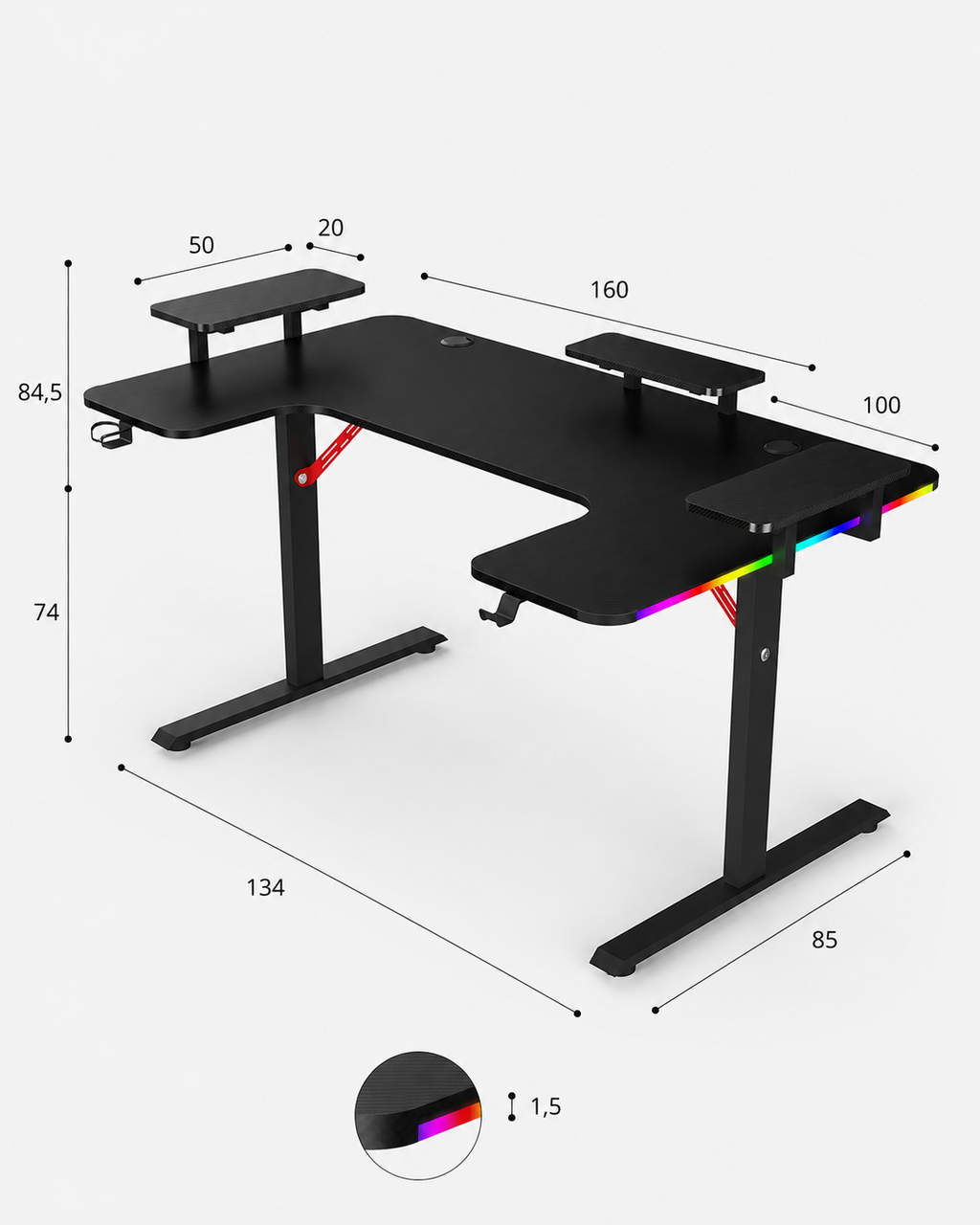 Pro 160 Gaming Desk | LEDs, Headphone & Drink Mounts (Carbon Fibre Black, 160cm) - Outlet Gaming Desk - Marcel Olsen