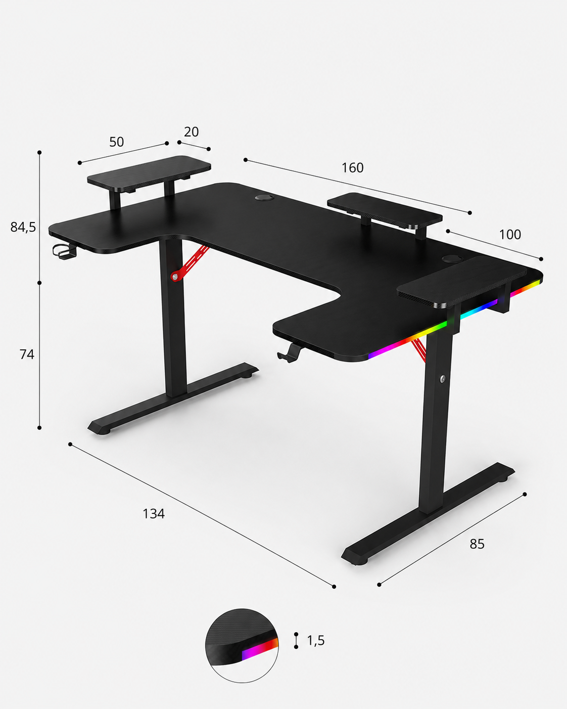 Pro 160 Gaming Desk | LEDs, Headphone & Drink Mounts (Carbon Fibre Black, 160cm) - Outlet Gaming Desk - Marcel Olsen