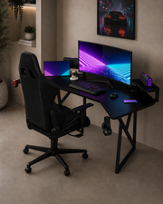 Bureau gaming d’angle Pro 180 | supports casque et boisson (carbone noir, 180 cm) - Outlet