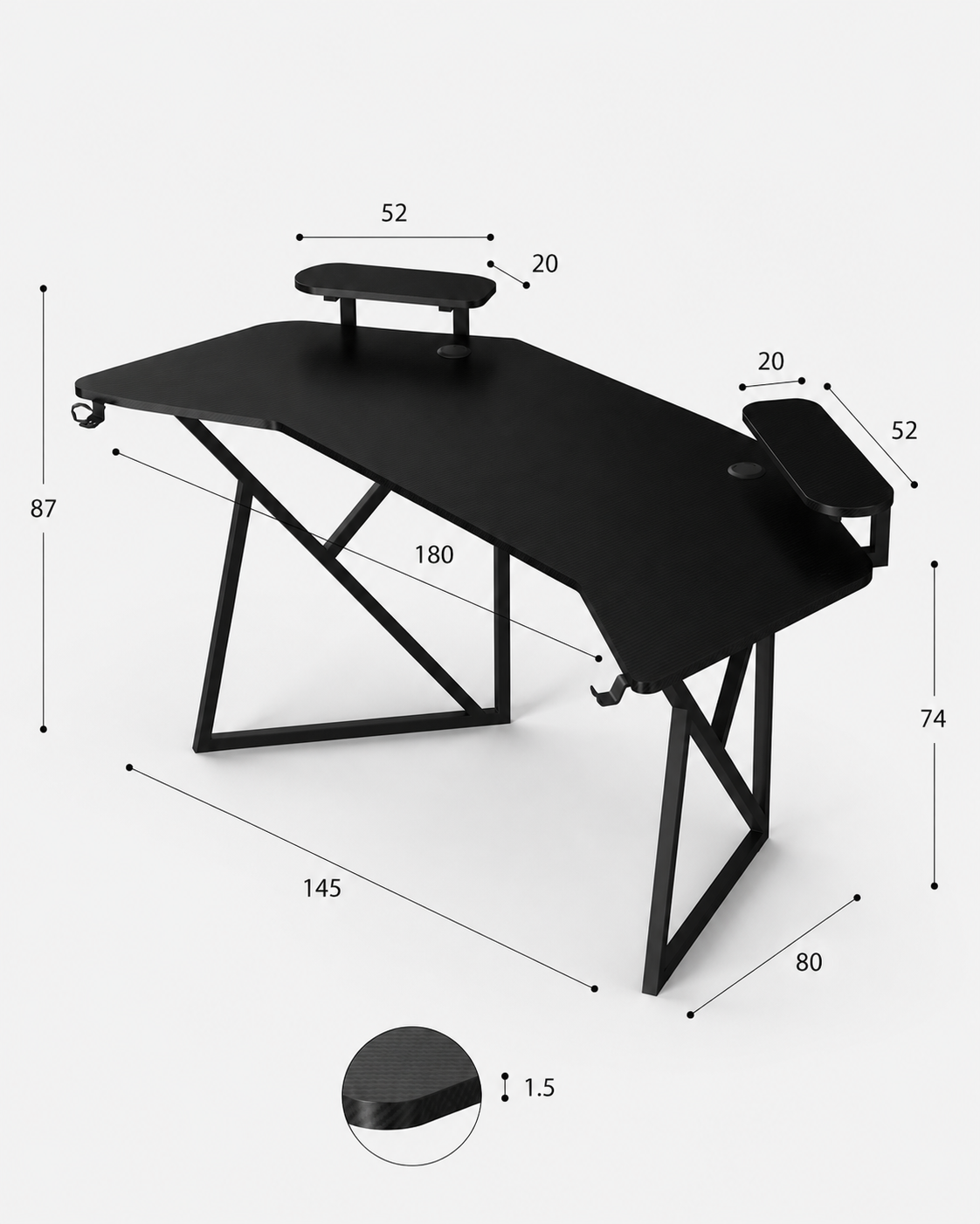 Pro 180 Gaming Desk Corner | Headphone & Drink Mounts (Carbon Fibre Black, 180cm) - Outlet Gaming Desk - Marcel Olsen
