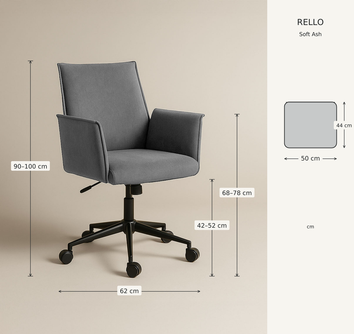 Dimensioni della sedia Rello Soft Ash: altezza totale 90–100 cm, altezza seduta 42–52 cm, altezza braccioli 68–78 cm, larghezza base 62 cm e seduta 50 × 44 cm.