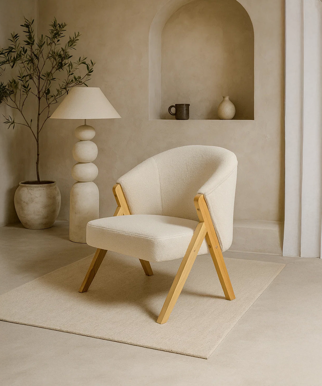 Sagunto Upholstered Armchair (Bouclé White Fabric) – Modern Boho Accent Chair with Wooden Frame - Marcel Olsen