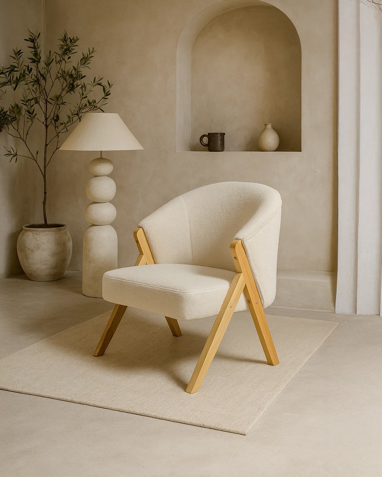 Sagunto Upholstered Armchair (Bouclé White Fabric) – Modern Boho Accent Chair with Wooden Frame - Marcel Olsen